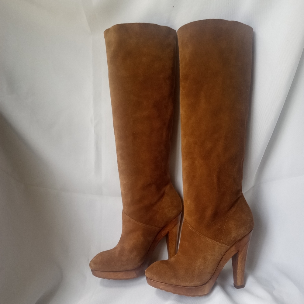 Michael Kors Tan Cognac Brown Knee High Tall Genuine Suede Leather Boots Heels 8